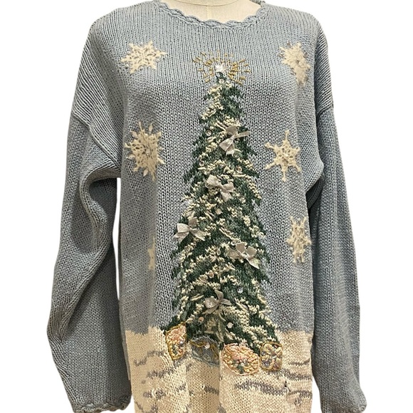 Vintage Kathie Lee Collection Blue and Green Crew Neck Christmas/Holiday Sweater - Picture 1 of 16